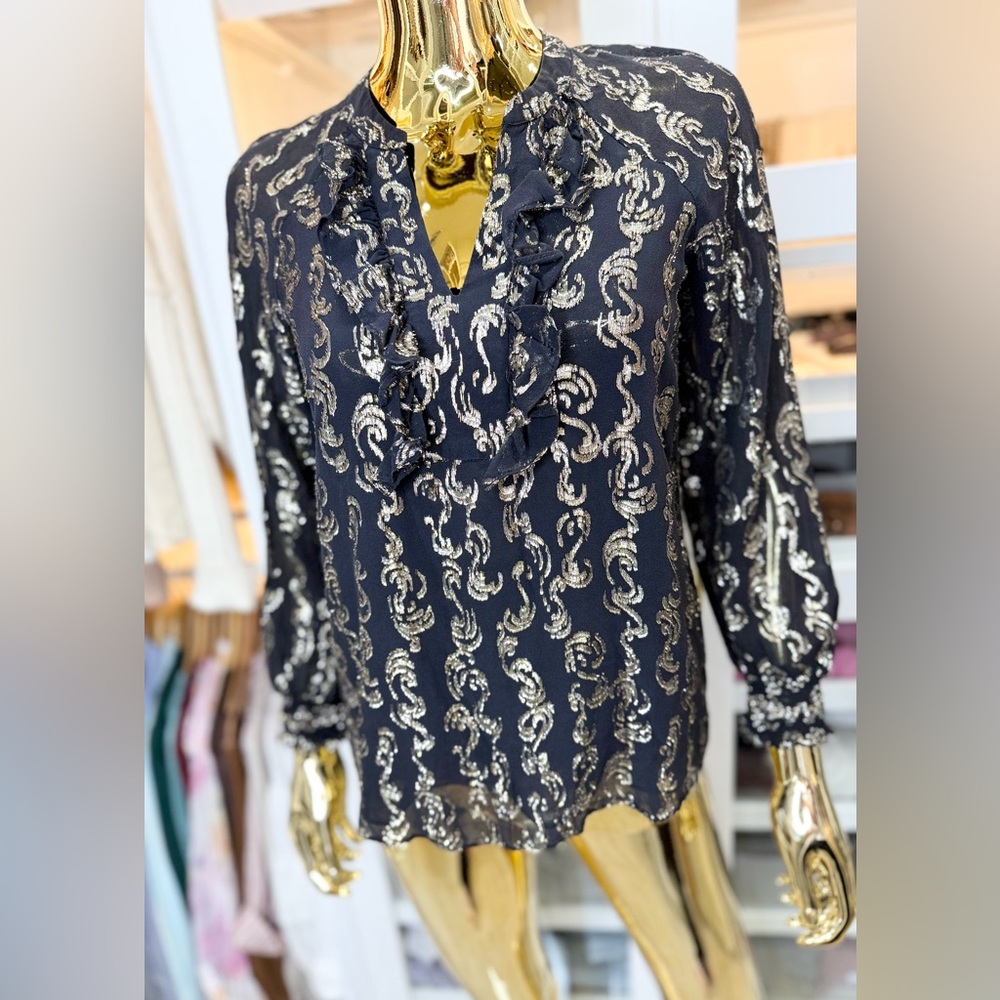 Lilly Pulitzer Black and Gold Metallic Silk Blend Long Sleeve Blouse Top Sz XXS